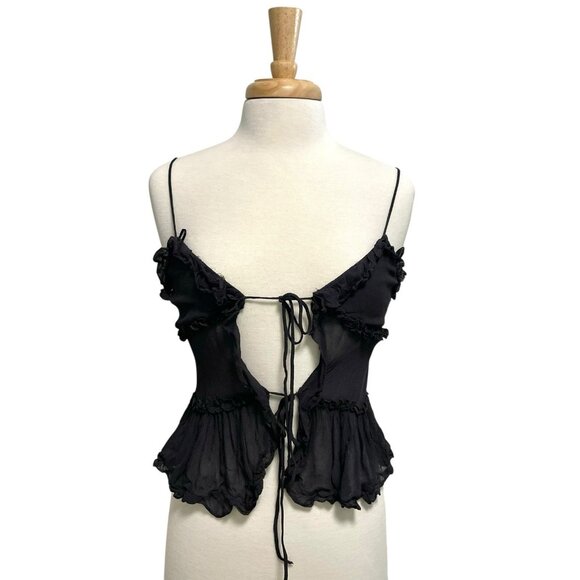 Zara Punk Goth Witchy Emo Ruffle Sheer Tie-Front Tank Top Black size Small - Picture 1 of 9
